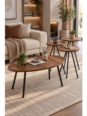 Sulorahome Ceviz Desenli Metal Ayaklı 4'lü Sehpa Seti