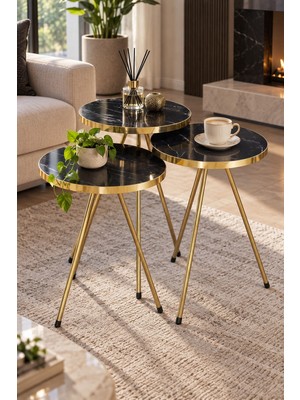 Sulorahome Siyah Mermer Desenli Gold Metal Zigon Sehpa Seti 3'lü