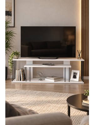 Sulorahome Beyaz Tv Ünitesi 140 cm Raflı Metal Detaylı Tasarım