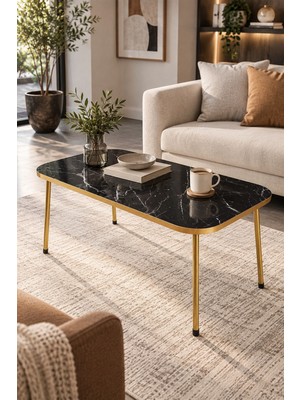 Sulorahome Gold Ayaklı Mermer Desenli Siyah Orta Sehpa 90X50 cm