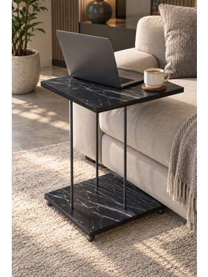 Sulorahome Tekerlekli Mermer Desenli Laptop ve Servis Sehpası Siyah