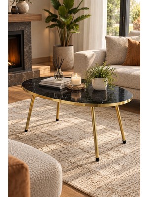 Sulorahome Gold Ayaklı Oval Mermer Desenli Orta Sehpa Siyah