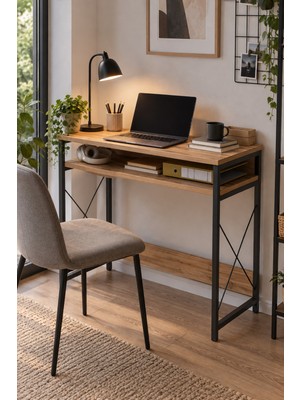 Sulorahome Çam Desenli Kahverengi Çalışma Masası ve Raflı Bilgisayar Masası