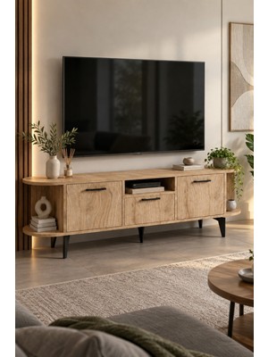 Sulorahome Bej Renkli Suntalam Tv Sehpası 160 cm 3 Kapaklı ve Raflı