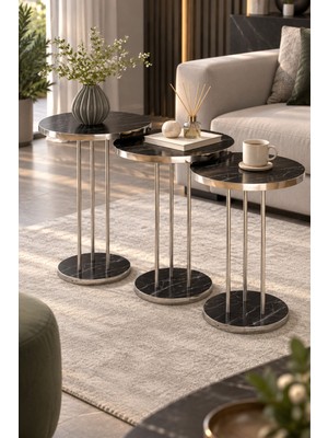 Sulorahome Siyah Mermer Desenli Gümüş Metal Ayaklı 3'lü Zigon Sehpa Takımı
