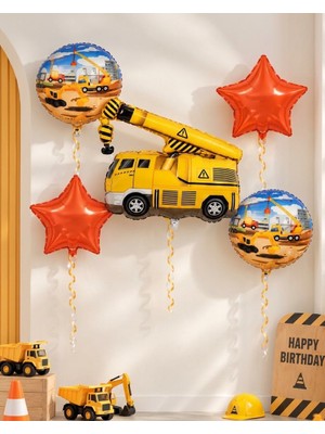 Partyora Sarı Vinç Temalı Inşaat Balon Seti (5 Parça Folyo Balon)