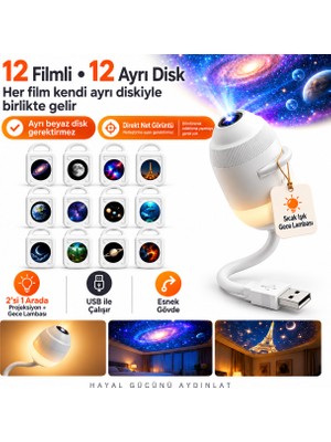 Ayers Premium 12 Film 12 Diskli 2’si 1 Arada USB Galaksi Projeksiyon Projektör ve Sıcak Işık Gece Lambası, Direkt Net Görüntü, USB Girişli Esnek Gövdeli Yıldız Projektörü, Paris Eyfel Kulesi ve Uzay Temalı