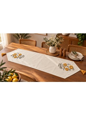 Fuens Punch Işlemeli Çiçek Desenli Keten Dekoratif Vintage Bohem 140X35 Runner Masa Süsü Örtüsü R001