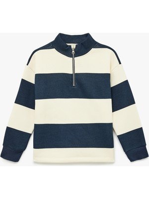 Koton Şardonlu Yarım Fermuarlı Uzun Kollu Dik Yaka Oversize Çizgili Sweatshirt