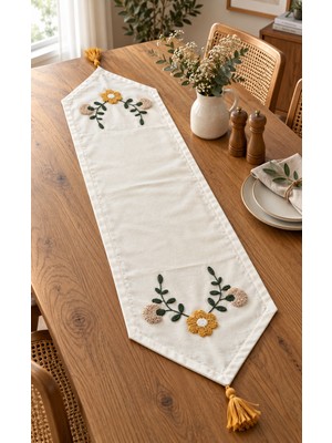 Fuens Punch Işlemeli Çiçek Desenli Keten Dekoratif Vintage Bohem 140X35 Runner Masa Süsü Örtüsü R003