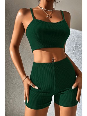 Sofya Passion Kadın Fitilli Ince Askılı Crop Top ve Yüksek Bel Şort Takımı