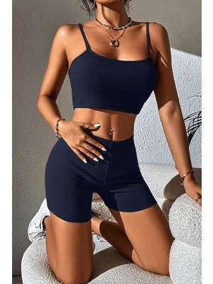 Sofya Passion Kadın Fitilli Ince Askılı Crop Top ve Yüksek Bel Şort Takımı