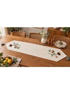 Fuens Punch Işlemeli Çiçek Desenli Keten Dekoratif Vintage Bohem 140X35 Runner Masa Süsü Örtüsü R007