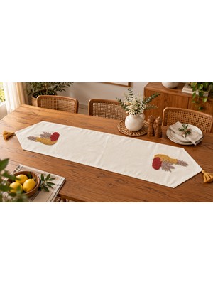 Fuens Punch Işlemeli Çiçek Desenli Keten Dekoratif Vintage Bohem 140X35 Runner Masa Süsü Örtüsü R006
