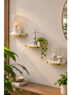 Sulorahome 3'lü Oval Duvar Rafı Seti Gold Kenarlı Efes Beyaz Mermer Desenli