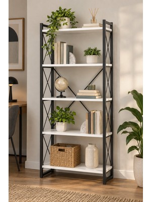 Sulorahome 5 Raflı Metal Kitaplık Beyaz ve Siyah