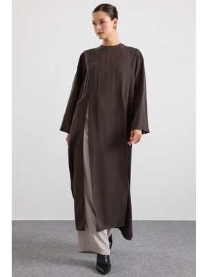 Olcay Derin Yırtmaçlı Oversize Uzun Tunik Kahve 9838