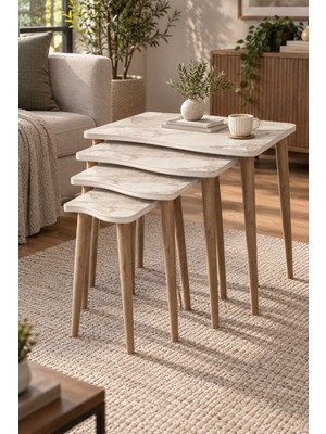 Sulorahome 4'lü Kare Zigon Sehpa Takımı Efes Beyaz Mermer Desenli
