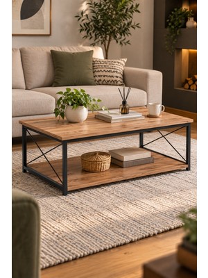 Sulorahome Ceviz Desenli Çift Raflı Orta Sehpa 90X50 cm
