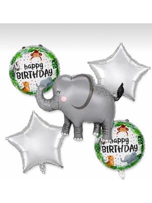 Partyora Safari Temalı Fil Figürlü 5'li Folyo Balon Seti - Doğum Günü ve Parti Süsleme Seti