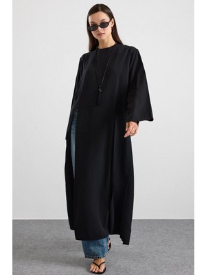 Olcay Derin Yırtmaçlı Oversize Uzun Tunik Siyah 9838