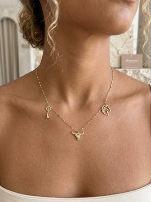 Papatya Silver Orjinal 14 Ayar Sertifikalı Altın Minimalist Charmlı Italyan Aynalı Ezme Zincir Şans Kolye
