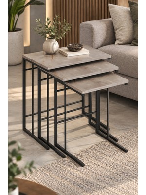 Sulorahome 3'lü Kare Zigon Sehpa Seti Gri Mermer Desenli Metal Ayaklı