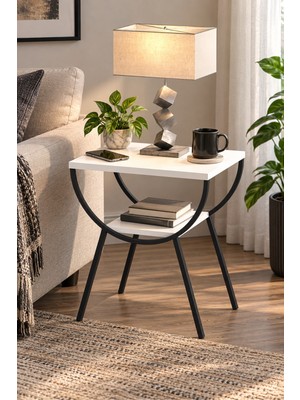 Sulorahome Metal Ayaklı Çift Raflı Beyaz Yan Sehpa ve Komodin
