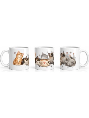PayBuy Seramik Kupa Kedi Dostları Baskılı 300 ml Hediyelik Kahve Çay Kupası Ev Ofis Özel Tasarım