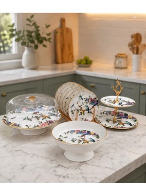 Pinkev Flora 9 Parça 6 Kişilik Seramik Kek Fanusu Pasta Sunum Tabağı Seti