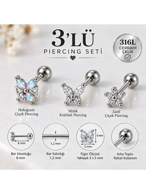 Heppii 3'lü Piercing Seti Hologram Çiçek Minik Kelebek Zarif Çiçek Helix Tragus Lobe 316L Cerrahi Çelik
