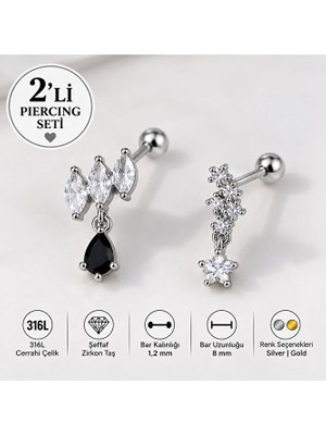 Heppii 2'li Sallantılı Piercing Seti Zirkon Yıldız ve Taş Figürlü 316L Cerrahi Çelik Helix Piercing Kıkırdak Lob