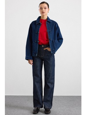 Olcay Birit Kapamalı Denim Ceket Koyu Mavi 8297