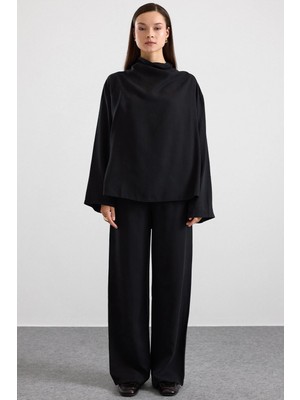 Olcay Degaje Yaka Oversize Pantolon Bluz Ikili Takım Siyah 9483-TK