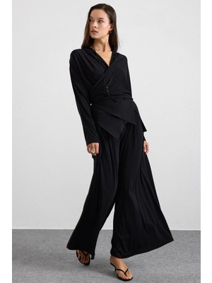 Olcay Asimetrik Kesim Şalvar Pantolon Kimono Takım Siyah 9475-TK