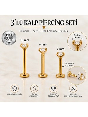 Heppii 3'lü Kalp Piercing Seti 316L Cerrahi Çelik Zirkon Taşlı Tragus Helix Conch Lobe 6-8-10 mm