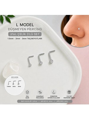 Heppii L Model 3 Adet Düşmeyen Çelik Hızma 1.5 -2 - 3 mm Taşlı Tektaş Burun Piercingi