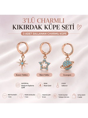 Heppii 3'lü Rose Gold Charmlı Kıkırdak Küpe Seti Kuzey Yıldızı Mavi Yıldız Gezegen Helix