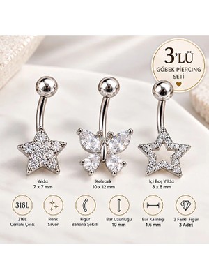 Heppii 3'lü Göbek Piercing Seti 316L Cerrahi Çelik Silver Yıldız - Kelebek - Içi Boş Yıldız Figürlü Göbek Piercinlgeri