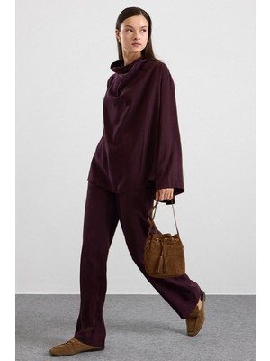 Olcay Degaje Yaka Oversize Pantolon Bluz Ikili Takım Mürdüm 9483-TK