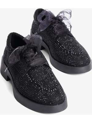 Mubiano Kadın Süet Loafer Oxford Taşlı Tül Bağcıklı Pera Siyah