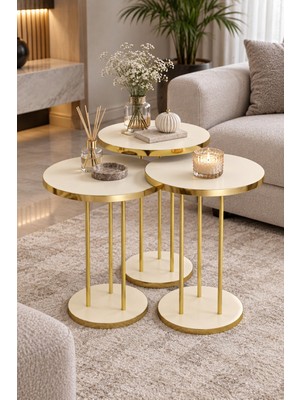 Sulorahome Krem Bej 3'lü Yuvarlak Zigon Sehpa Takımı Gold Metal Ayaklı