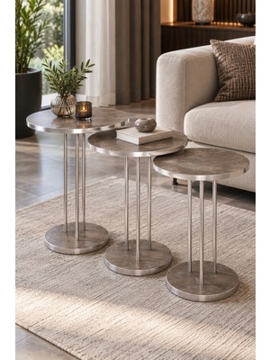 Sulorahome Mor ve Gümüş Metal Ayaklı 3'lü Zigon Sehpa Takımı