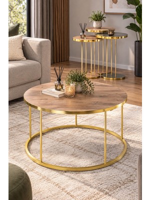 Sulorahome Antrasit Ceviz Desenli Gold Ayaklı 4'lü Yuvarlak Sehpa Seti