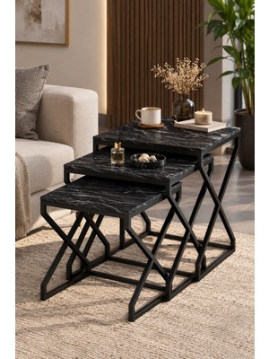 Sulorahome Modern Zigon Sehpa Seti Siyah Desenli ve Metal Ayaklı