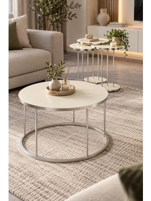 Sulorahome Gümüş Metal Ayaklı Krem Renkli 4'lü Sehpa Seti
