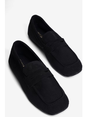 Mubiano Kadın Süet Babet Kare Burun Loafer Sena Siyah