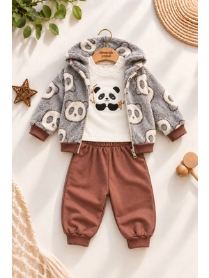 Dinamik çocuk Erkek Bebek Panda Desenli Peluş Kapüşonlu Hırka Sweatshirt Eşofman Altı 3'lü Takım 3-18AYLIK