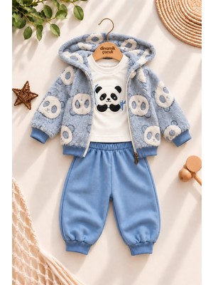 Dinamik çocuk Erkek Bebek Panda Desenli Peluş Kapüşonlu Hırka Sweatshirt Eşofman Altı 3'lü Takım 3-18AYLIK