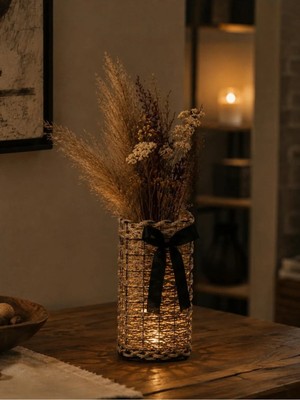 Egindra Hasır Örgü Metal Tel Kare Gece Lambası-Fener LED Işıklı Dekoratif Vazo Kuru Çiçek Vazosu 25 cm Çiçekler Hariç
